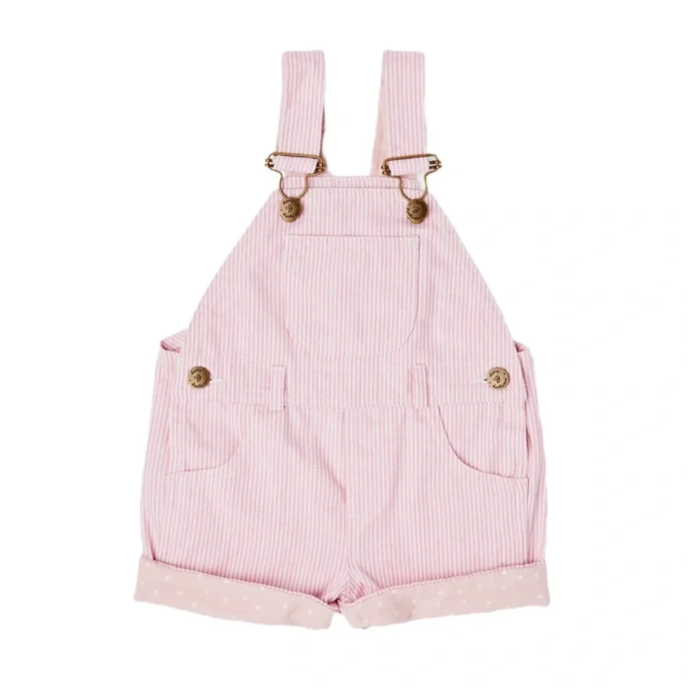 Dotty Dungarees Pink White Striped Cotton short Overalls Preppy 3-4 - Picture 1 of 8